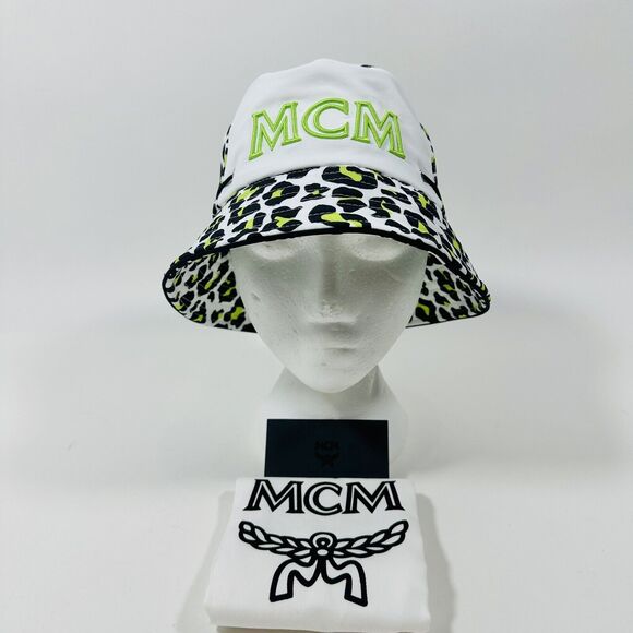 MCM Leopard Print Bucket Hat Multi Logo Embroidered Adjustable NWT $290 - Picture 5 of 16
